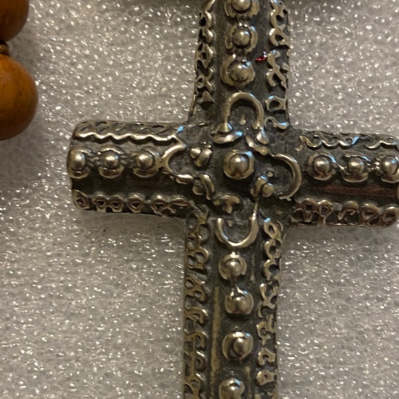 Bayong Wood Bead Necklace - Pewter Cross, Glass Bead, Carved Bone Bead - Picture 4 of 13